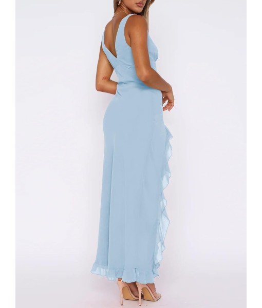 Women Sexy V Neck Sleeveless Mesh Ruffle Hem Bodycon Maxi Casual Backless High Slit Cocktail Party Dress
