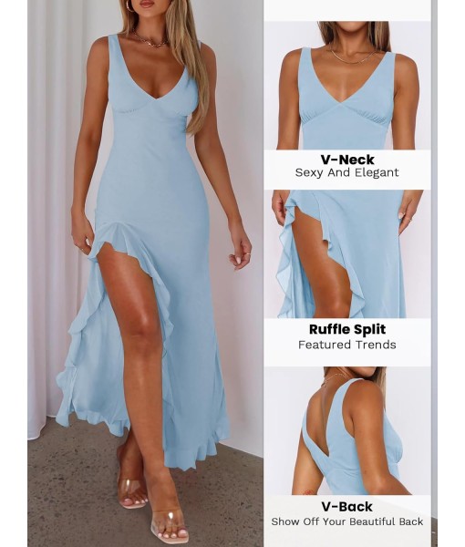 Women Sexy V Neck Sleeveless Mesh Ruffle Hem Bodycon Maxi Casual Backless High Slit Cocktail Party Dress