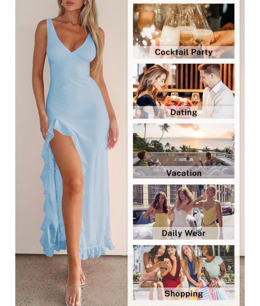 Women Sexy V Neck Sleeveless Mesh Ruffle Hem Bodycon Maxi Casual Backless High Slit Cocktail Party Dress