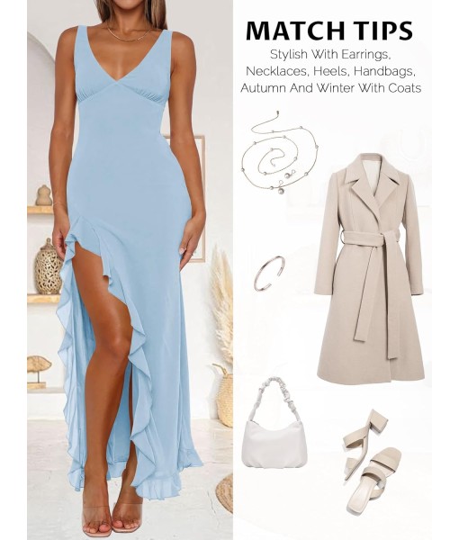 Women Sexy V Neck Sleeveless Mesh Ruffle Hem Bodycon Maxi Casual Backless High Slit Cocktail Party Dress