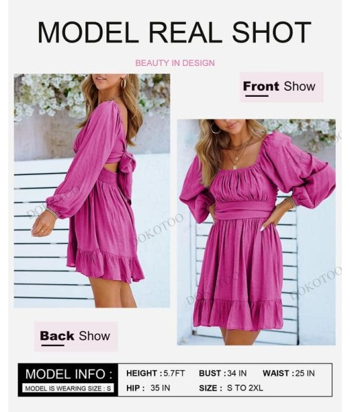 Dokotoo Womens Dress Long Lantern Sleeve Square Neck Tie Backless Sexy Dress Ruffle Elastic Waist A-Line Mini Dress