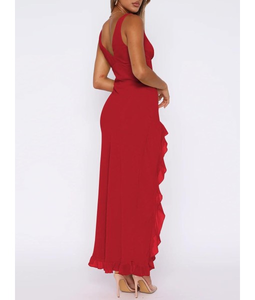 Women Sexy V Neck Sleeveless Mesh Ruffle Hem Bodycon Maxi Casual Backless High Slit Cocktail Party Dress