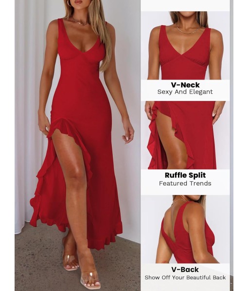 Women Sexy V Neck Sleeveless Mesh Ruffle Hem Bodycon Maxi Casual Backless High Slit Cocktail Party Dress