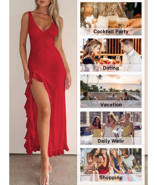 Women Sexy V Neck Sleeveless Mesh Ruffle Hem Bodycon Maxi Casual Backless High Slit Cocktail Party Dress