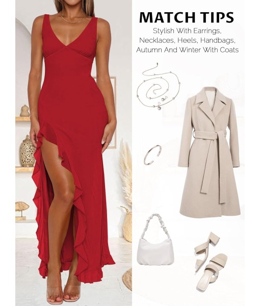 Women Sexy V Neck Sleeveless Mesh Ruffle Hem Bodycon Maxi Casual Backless High Slit Cocktail Party Dress