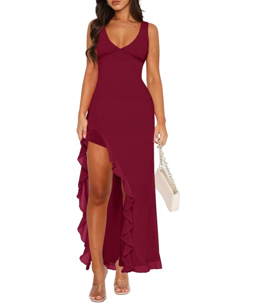 Women Sexy V Neck Sleeveless Mesh Ruffle Hem Bodycon Maxi Casual Backless High Slit Cocktail Party Dress