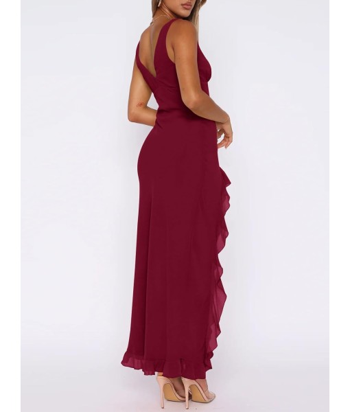 Women Sexy V Neck Sleeveless Mesh Ruffle Hem Bodycon Maxi Casual Backless High Slit Cocktail Party Dress