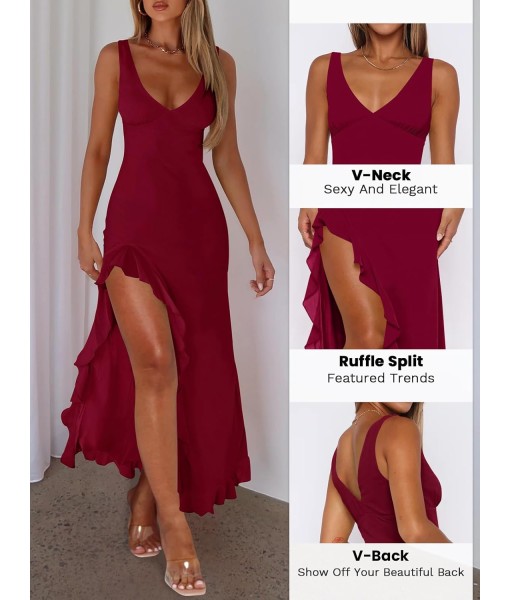 Women Sexy V Neck Sleeveless Mesh Ruffle Hem Bodycon Maxi Casual Backless High Slit Cocktail Party Dress