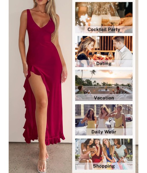 Women Sexy V Neck Sleeveless Mesh Ruffle Hem Bodycon Maxi Casual Backless High Slit Cocktail Party Dress