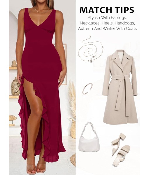 Women Sexy V Neck Sleeveless Mesh Ruffle Hem Bodycon Maxi Casual Backless High Slit Cocktail Party Dress