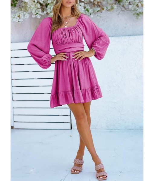 Dokotoo Womens Dress Long Lantern Sleeve Square Neck Tie Backless Sexy Dress Ruffle Elastic Waist A-Line Mini Dress