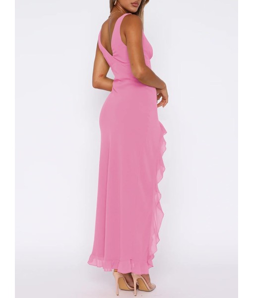 Women Sexy V Neck Sleeveless Mesh Ruffle Hem Bodycon Maxi Casual Backless High Slit Cocktail Party Dress