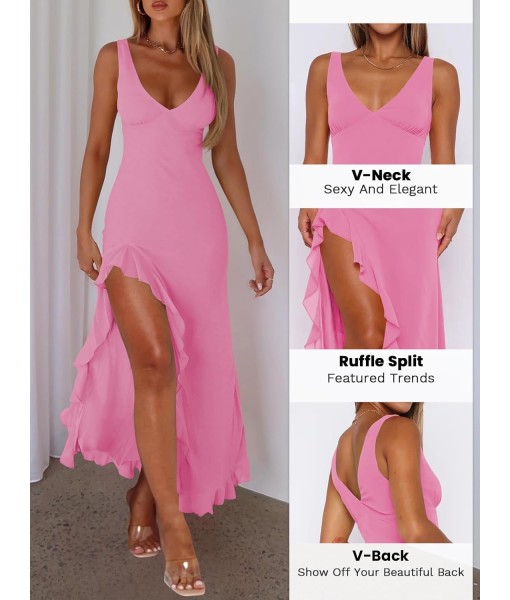 Women Sexy V Neck Sleeveless Mesh Ruffle Hem Bodycon Maxi Casual Backless High Slit Cocktail Party Dress