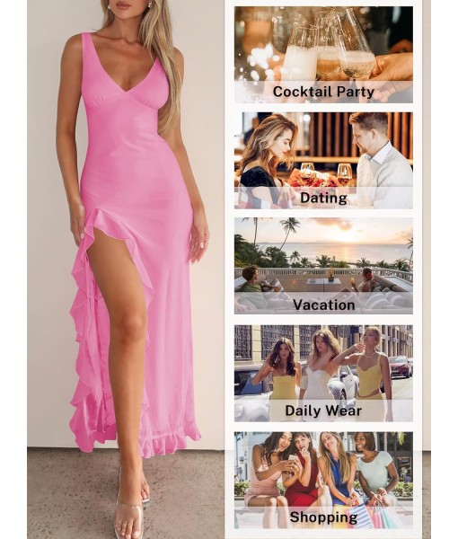 Women Sexy V Neck Sleeveless Mesh Ruffle Hem Bodycon Maxi Casual Backless High Slit Cocktail Party Dress