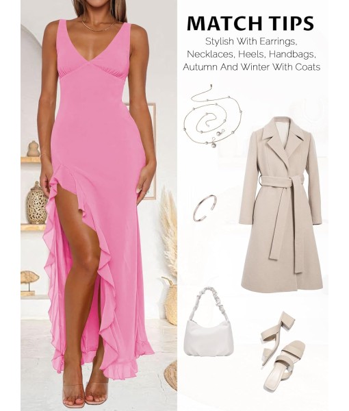 Women Sexy V Neck Sleeveless Mesh Ruffle Hem Bodycon Maxi Casual Backless High Slit Cocktail Party Dress