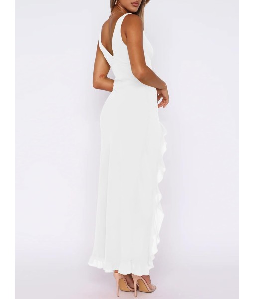Women Sexy V Neck Sleeveless Mesh Ruffle Hem Bodycon Maxi Casual Backless High Slit Cocktail Party Dress