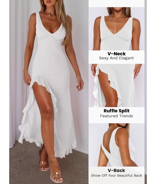 Women Sexy V Neck Sleeveless Mesh Ruffle Hem Bodycon Maxi Casual Backless High Slit Cocktail Party Dress