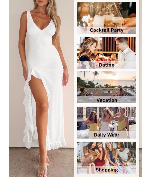 Women Sexy V Neck Sleeveless Mesh Ruffle Hem Bodycon Maxi Casual Backless High Slit Cocktail Party Dress
