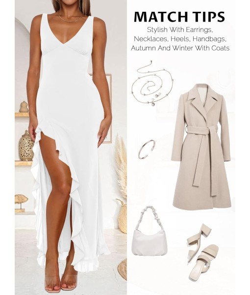 Women Sexy V Neck Sleeveless Mesh Ruffle Hem Bodycon Maxi Casual Backless High Slit Cocktail Party Dress