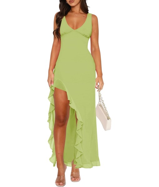Women Sexy V Neck Sleeveless Mesh Ruffle Hem Bodycon Maxi Casual Backless High Slit Cocktail Party Dress