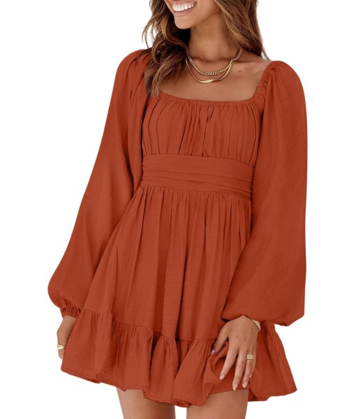 Dokotoo Womens Dress Long Lantern Sleeve Square Neck Tie Backless Sexy Dress Ruffle Elastic Waist A-Line Mini Dress