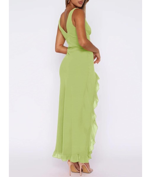 Women Sexy V Neck Sleeveless Mesh Ruffle Hem Bodycon Maxi Casual Backless High Slit Cocktail Party Dress