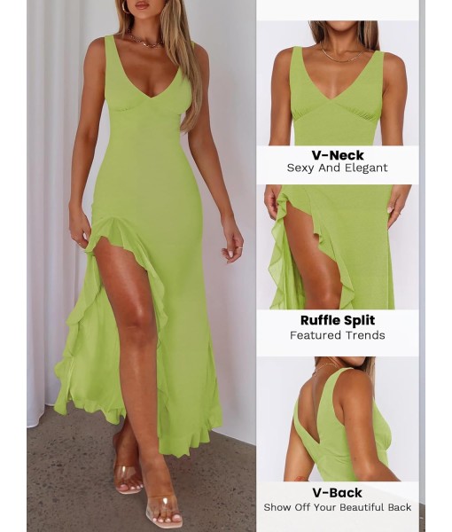 Women Sexy V Neck Sleeveless Mesh Ruffle Hem Bodycon Maxi Casual Backless High Slit Cocktail Party Dress