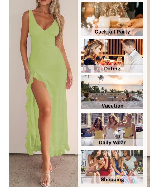 Women Sexy V Neck Sleeveless Mesh Ruffle Hem Bodycon Maxi Casual Backless High Slit Cocktail Party Dress