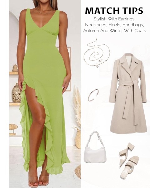 Women Sexy V Neck Sleeveless Mesh Ruffle Hem Bodycon Maxi Casual Backless High Slit Cocktail Party Dress