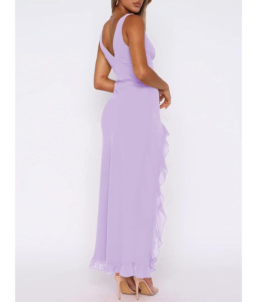Women Sexy V Neck Sleeveless Mesh Ruffle Hem Bodycon Maxi Casual Backless High Slit Cocktail Party Dress