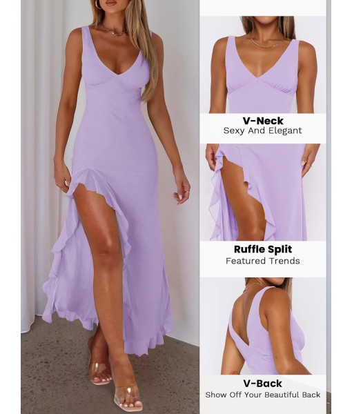 Women Sexy V Neck Sleeveless Mesh Ruffle Hem Bodycon Maxi Casual Backless High Slit Cocktail Party Dress
