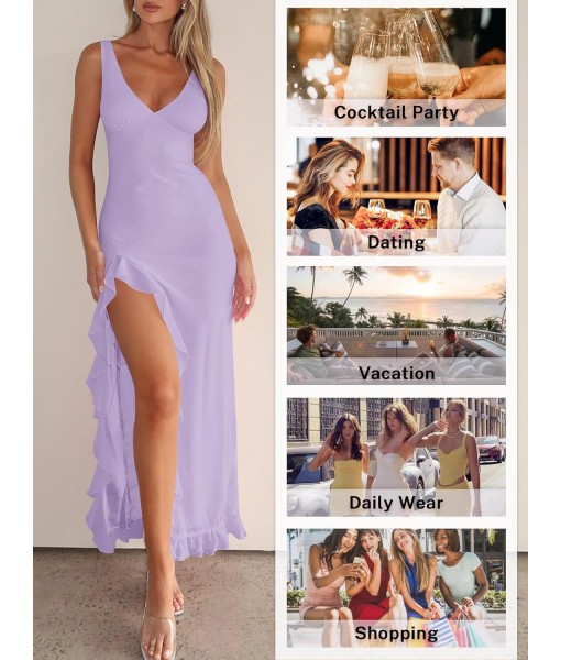 Women Sexy V Neck Sleeveless Mesh Ruffle Hem Bodycon Maxi Casual Backless High Slit Cocktail Party Dress
