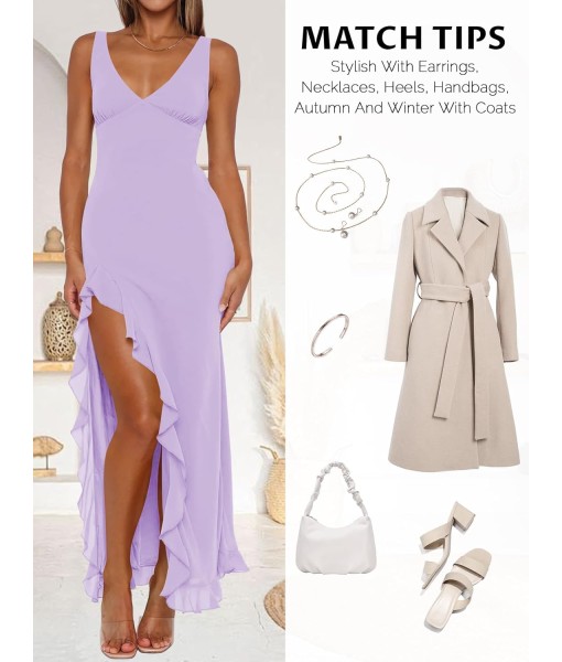 Women Sexy V Neck Sleeveless Mesh Ruffle Hem Bodycon Maxi Casual Backless High Slit Cocktail Party Dress