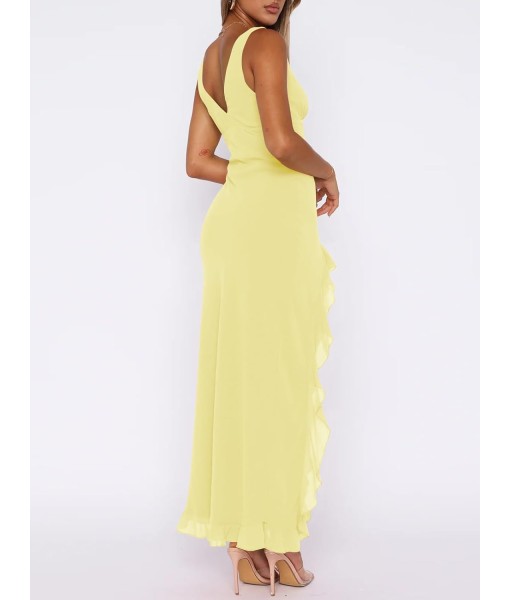 Women Sexy V Neck Sleeveless Mesh Ruffle Hem Bodycon Maxi Casual Backless High Slit Cocktail Party Dress