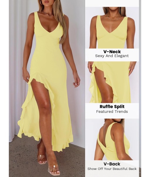 Women Sexy V Neck Sleeveless Mesh Ruffle Hem Bodycon Maxi Casual Backless High Slit Cocktail Party Dress