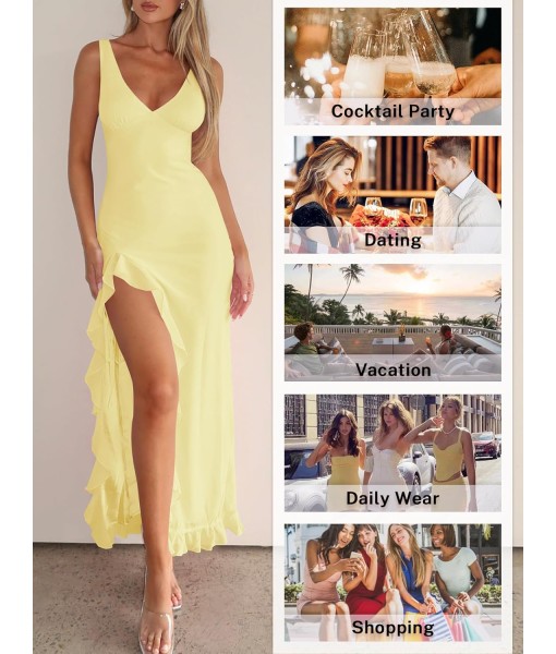 Women Sexy V Neck Sleeveless Mesh Ruffle Hem Bodycon Maxi Casual Backless High Slit Cocktail Party Dress