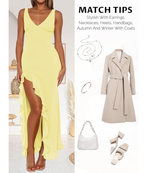 Women Sexy V Neck Sleeveless Mesh Ruffle Hem Bodycon Maxi Casual Backless High Slit Cocktail Party Dress