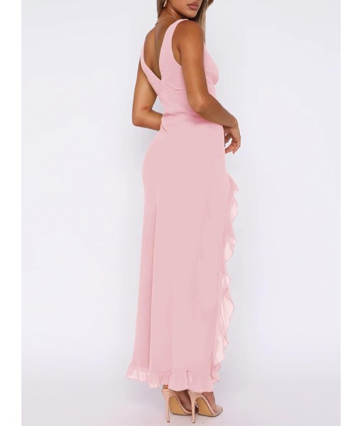 Women Sexy V Neck Sleeveless Mesh Ruffle Hem Bodycon Maxi Casual Backless High Slit Cocktail Party Dress