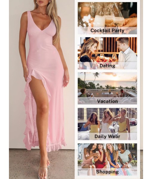 Women Sexy V Neck Sleeveless Mesh Ruffle Hem Bodycon Maxi Casual Backless High Slit Cocktail Party Dress