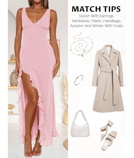 Women Sexy V Neck Sleeveless Mesh Ruffle Hem Bodycon Maxi Casual Backless High Slit Cocktail Party Dress