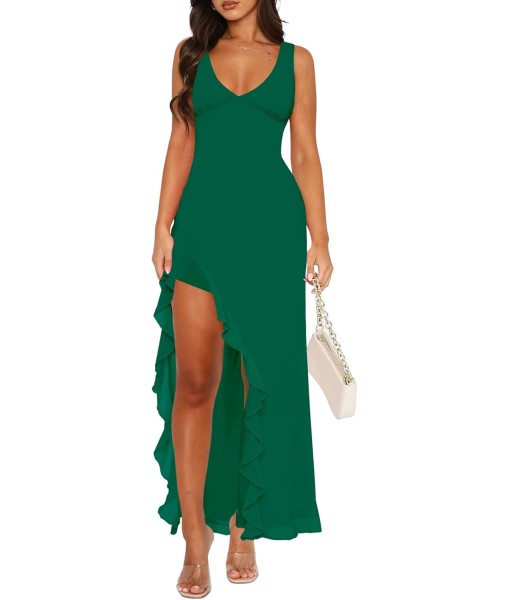 Women Sexy V Neck Sleeveless Mesh Ruffle Hem Bodycon Maxi Casual Backless High Slit Cocktail Party Dress