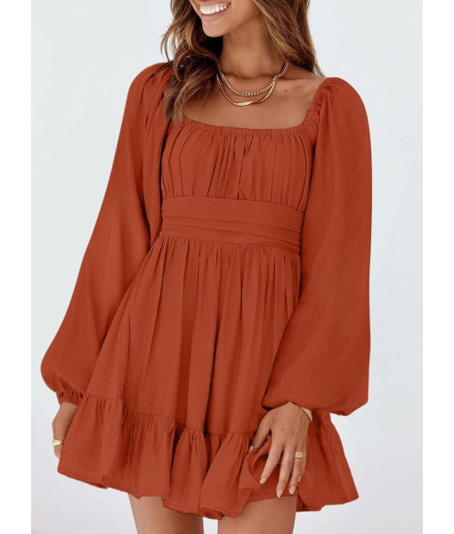 Dokotoo Womens Dress Long Lantern Sleeve Square Neck Tie Backless Sexy Dress Ruffle Elastic Waist A-Line Mini Dress