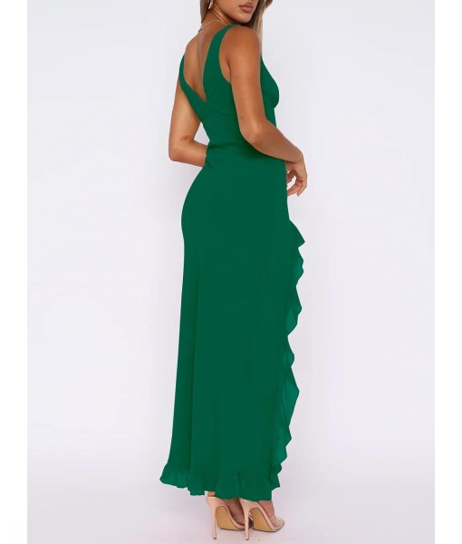 Women Sexy V Neck Sleeveless Mesh Ruffle Hem Bodycon Maxi Casual Backless High Slit Cocktail Party Dress