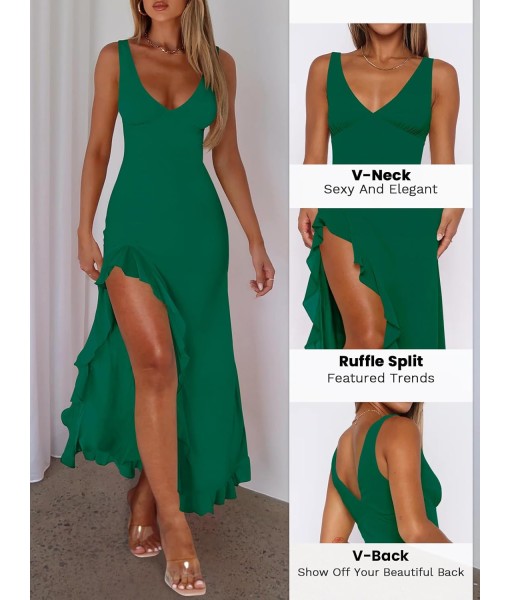 Women Sexy V Neck Sleeveless Mesh Ruffle Hem Bodycon Maxi Casual Backless High Slit Cocktail Party Dress