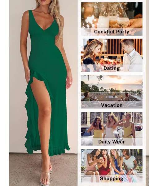 Women Sexy V Neck Sleeveless Mesh Ruffle Hem Bodycon Maxi Casual Backless High Slit Cocktail Party Dress