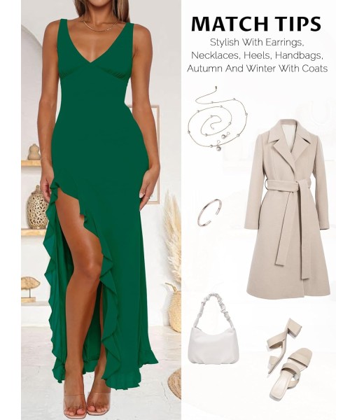 Women Sexy V Neck Sleeveless Mesh Ruffle Hem Bodycon Maxi Casual Backless High Slit Cocktail Party Dress