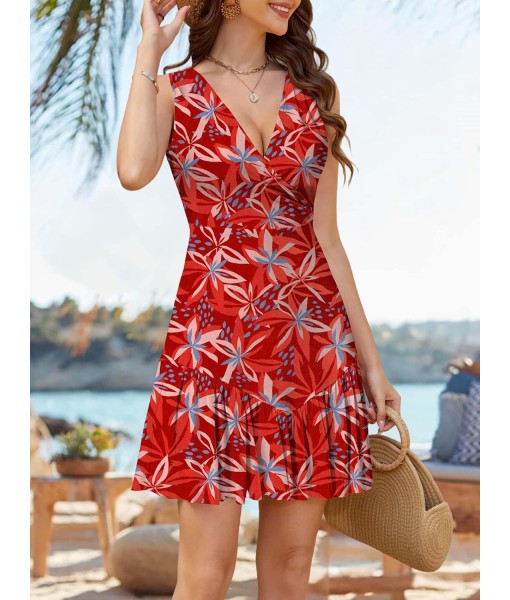 FENSACE Women's Summer Sleeveless Sexy Wrap V Neck Floral Sundress Mini Dress