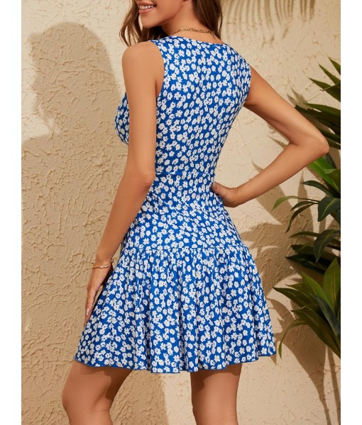 FENSACE Women's Summer Sleeveless Sexy Wrap V Neck Floral Sundress Mini Dress