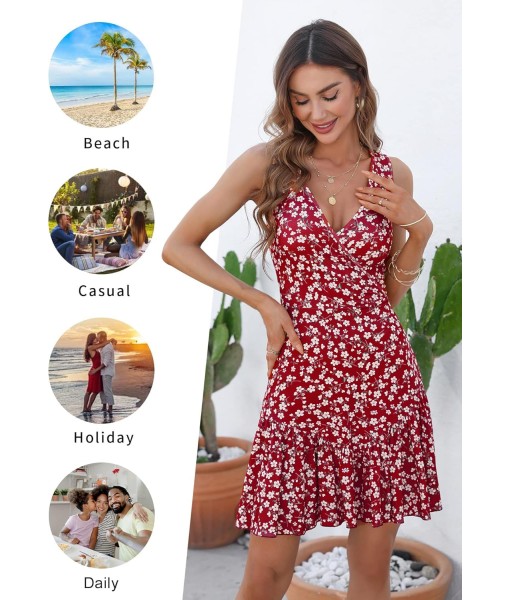 FENSACE Women's Summer Sleeveless Sexy Wrap V Neck Floral Sundress Mini Dress