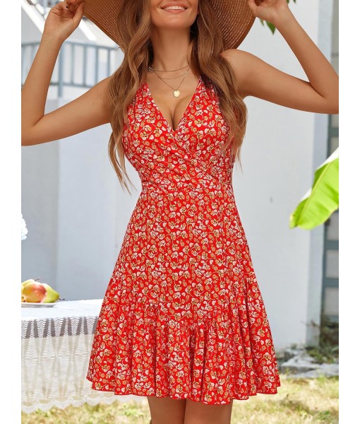 FENSACE Women's Summer Sleeveless Sexy Wrap V Neck Floral Sundress Mini Dress